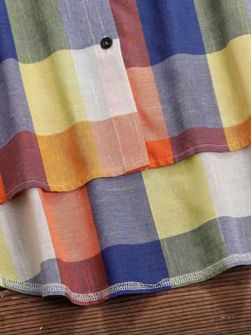 LUNE Casual Plaid Roll-Tab Sleeve High Low Shirt