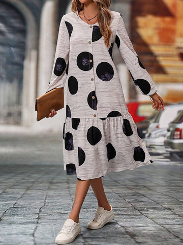 Casual Polka Dot Printed Front Button And Hem Splicing Dress, Spring & Summer
