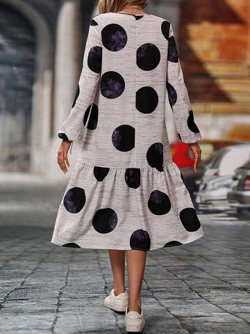 Casual Polka Dot Printed Front Button And Hem Splicing Dress, Spring & Summer
