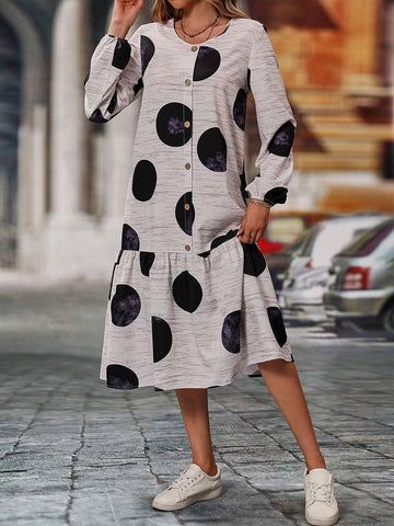 Casual Polka Dot Printed Front Button And Hem Splicing Dress, Spring & Summer