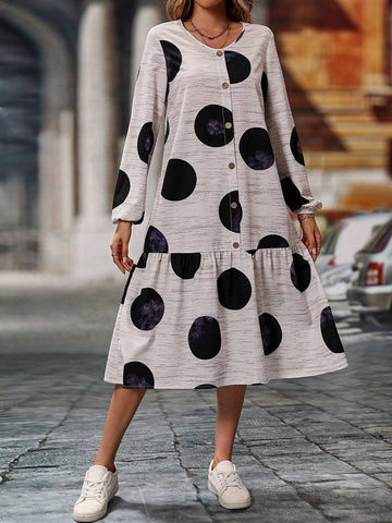 Casual Polka Dot Printed Front Button And Hem Splicing Dress, Spring & Summer