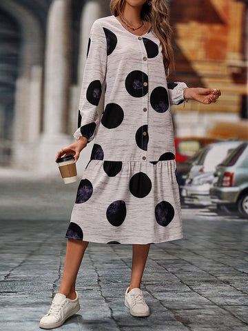 Casual Polka Dot Printed Front Button And Hem Splicing Dress, Spring & Summer