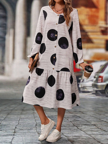 Casual Polka Dot Printed Front Button And Hem Splicing Dress, Spring & Summer