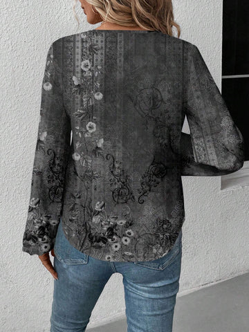 LUNE Casual Retro Floral Pattern V-Neck Long Sleeve Blouse For Women, Suitable For Autumn/Winter