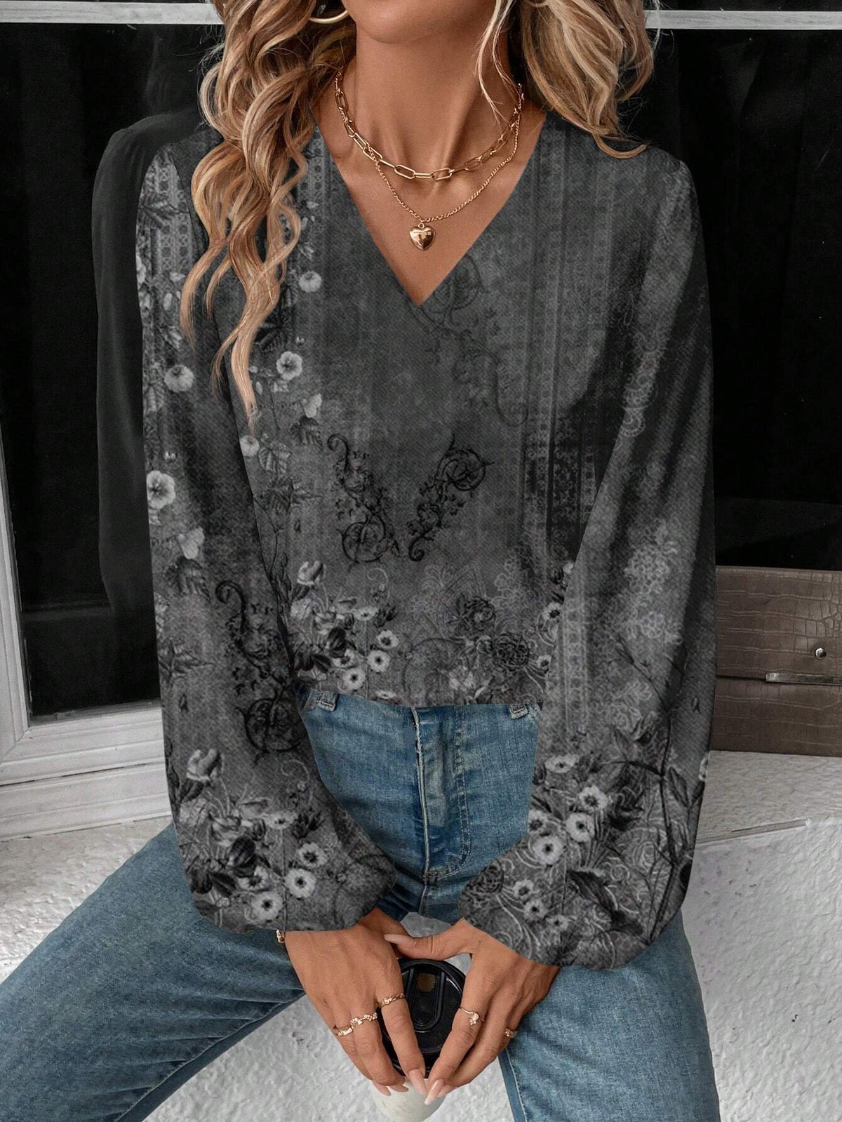 LUNE Casual Retro Floral Pattern V-Neck Long Sleeve Blouse For Women, Suitable For Autumn/Winter