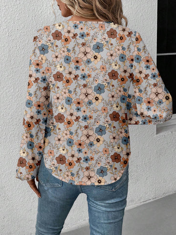 LUNE Casual Retro Floral V-Neck Long Sleeve Blouse For Women, Suitable For Autumn/Winter