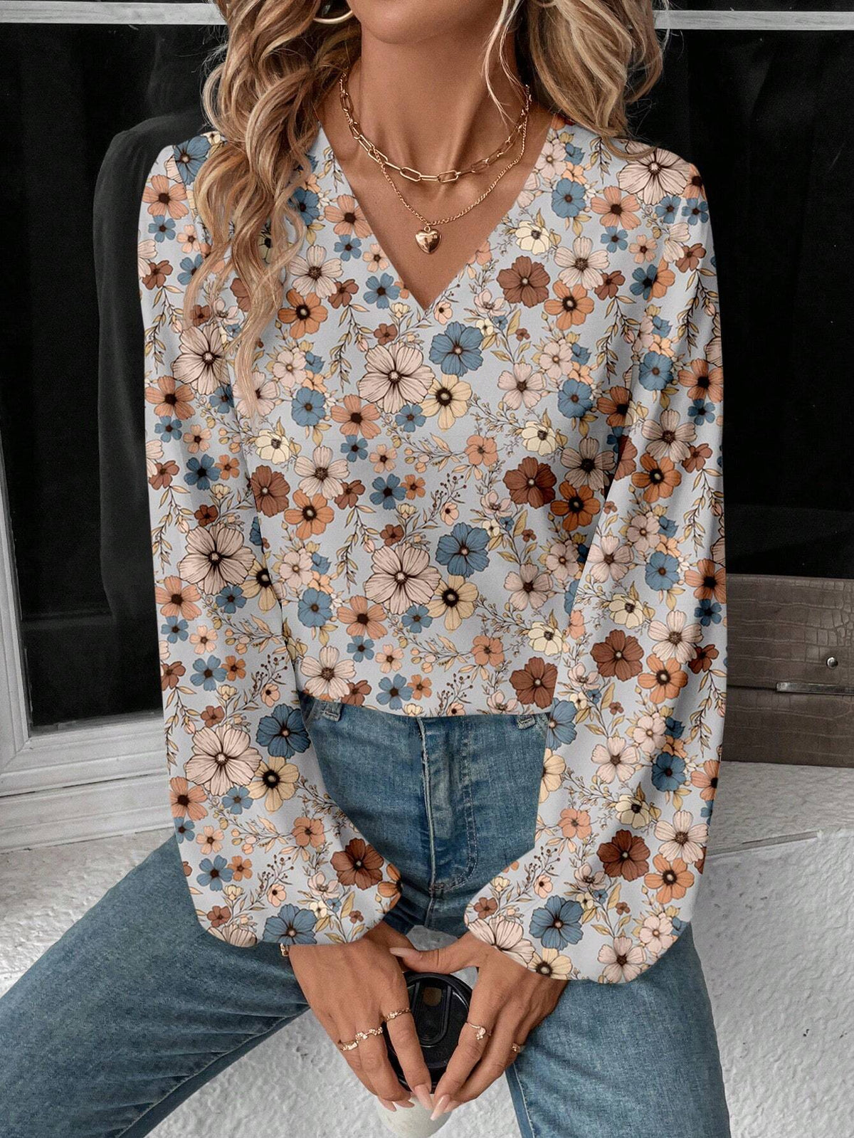 LUNE Casual Retro Floral V-Neck Long Sleeve Blouse For Women, Suitable For Autumn/Winter