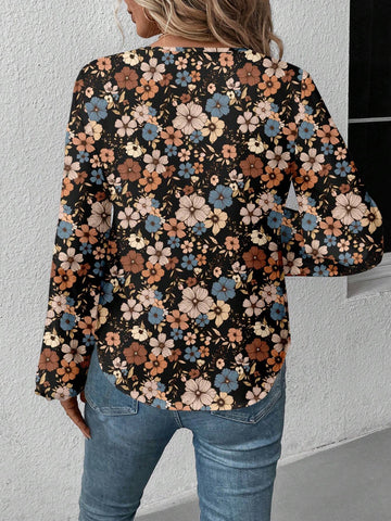LUNE Casual Retro Floral V-Neck Long Sleeve Women Shirt, Suitable For Autumn/Winter