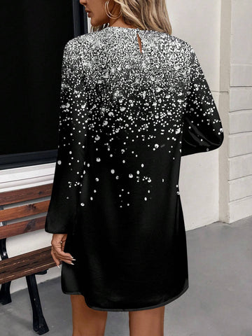 Casual Shiny Graphic Round Neck Long Sleeve Short Dress For Women, Suitable For Spring And Autumn