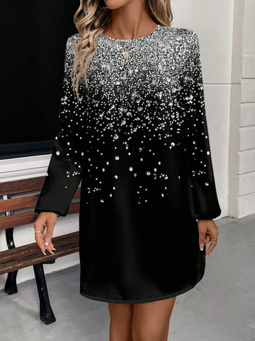 Casual Shiny Graphic Round Neck Long Sleeve Short Dress For Women, Suitable For Spring And Autumn