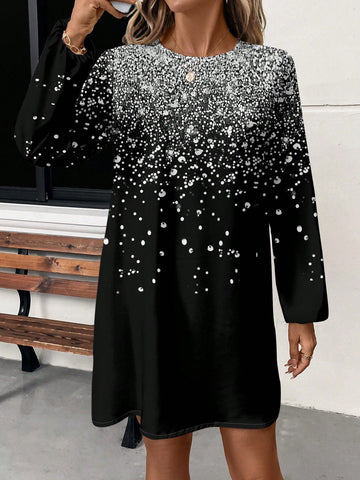 Casual Shiny Graphic Round Neck Long Sleeve Short Dress For Women, Suitable For Spring And Autumn