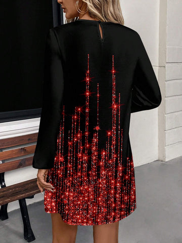 Casual Shiny Stripe Crew Neck Long Sleeve Short Mini Dress For Women, Spring And Autumn