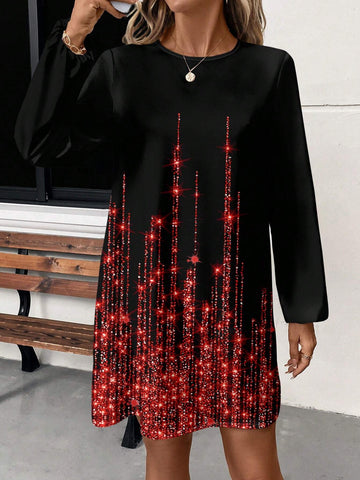 Casual Shiny Stripe Crew Neck Long Sleeve Short Mini Dress For Women, Spring And Autumn