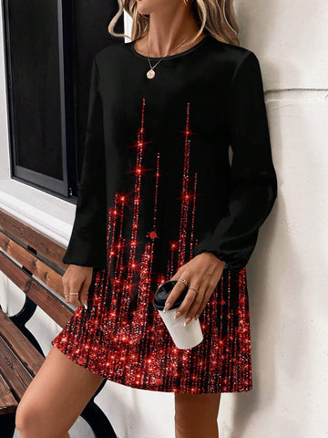 Casual Shiny Stripe Crew Neck Long Sleeve Short Mini Dress For Women, Spring And Autumn