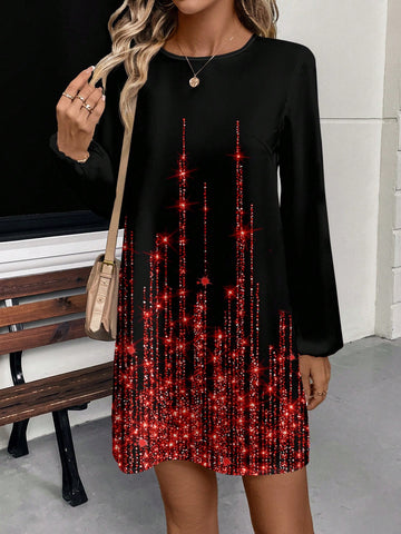 Casual Shiny Stripe Crew Neck Long Sleeve Short Mini Dress For Women, Spring And Autumn