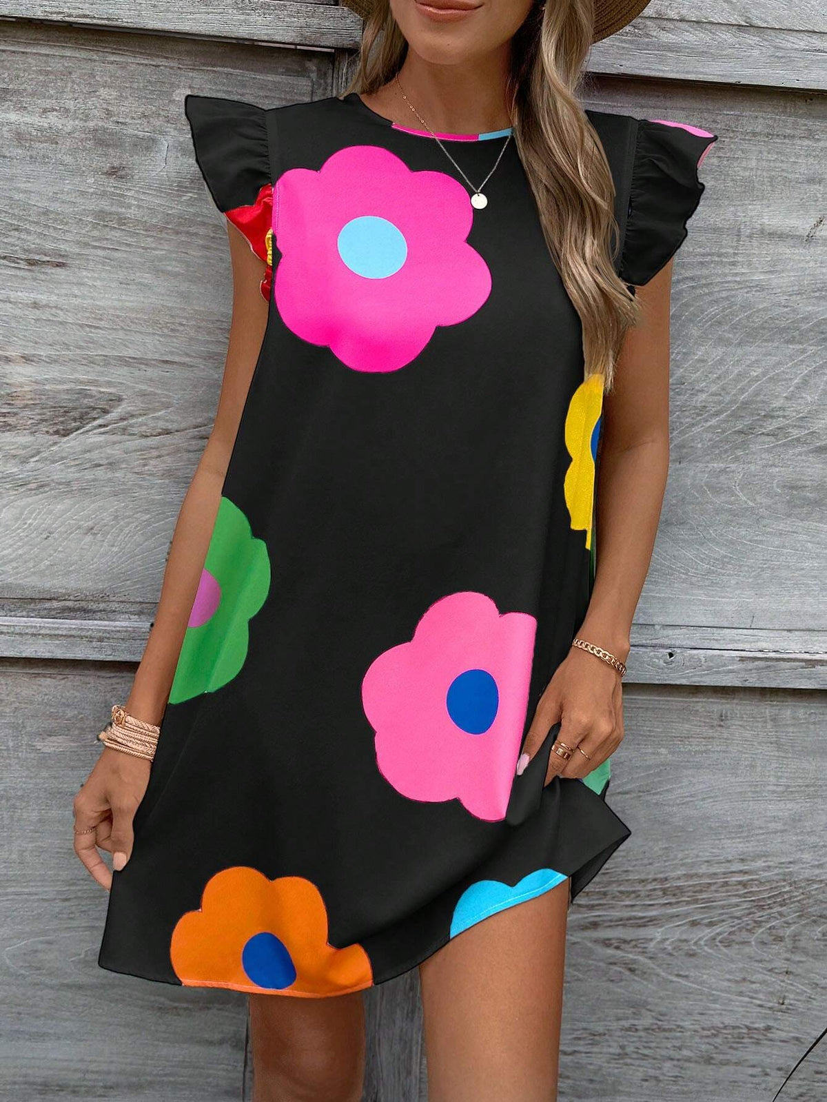 Casual Simple Dopamine Flower Print Ruffle Sleeve Dress, Suitable For Summer