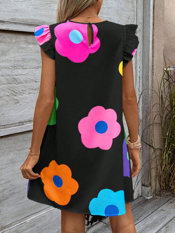 Casual Simple Dopamine Flower Print Ruffle Sleeve Dress, Suitable For Summer