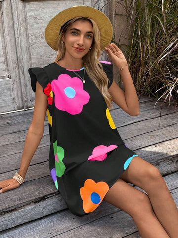 Casual Simple Dopamine Flower Print Ruffle Sleeve Dress, Suitable For Summer