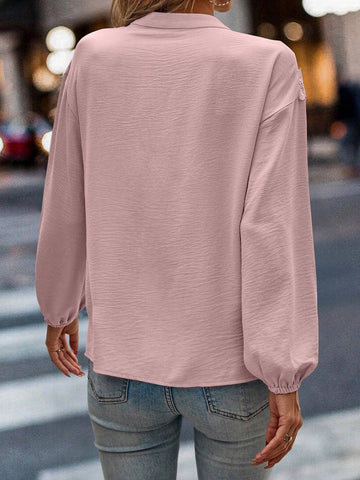 LUNE Casual Solid Color Eyelet Embroidery Edge Long Sleeve Blouse For Autumn