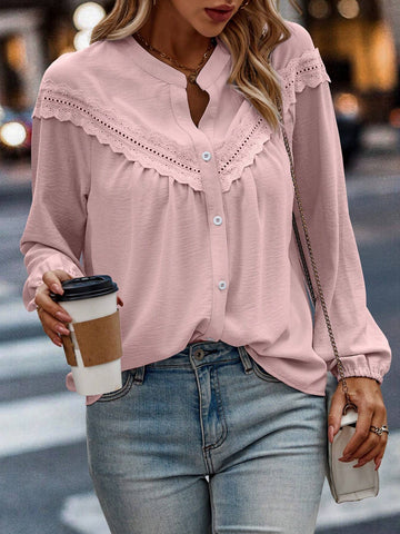 LUNE Casual Solid Color Eyelet Embroidery Edge Long Sleeve Blouse For Autumn