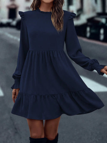 Casual Solid Color Lantern Sleeve With Ruffle Hem Dress, Autumn