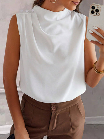 LUNE Casual Solid Color Pleated Sleeveless Shirt