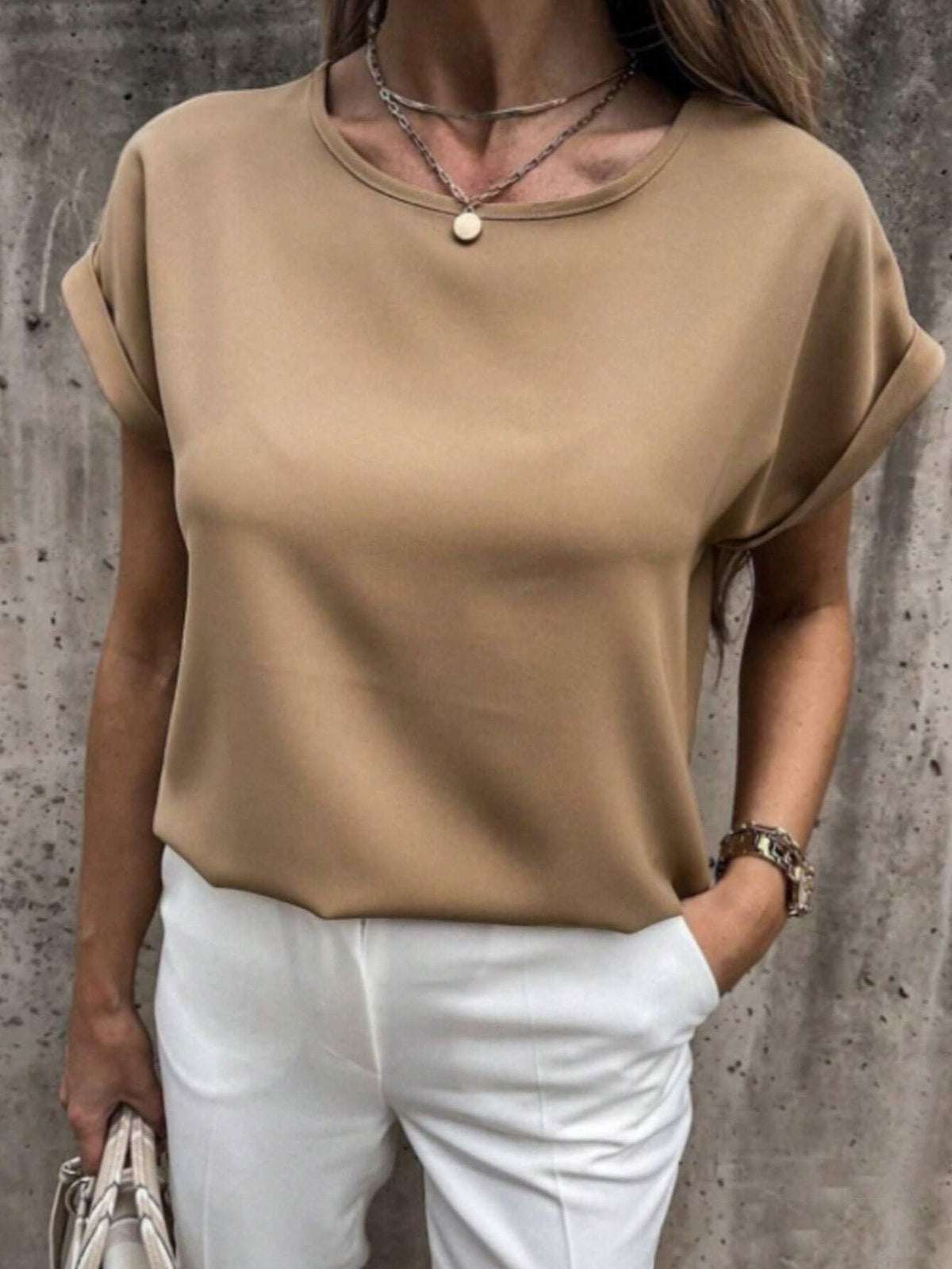LUNE Casual Solid Color Satin Round Neck Batwing Sleeve Blouse