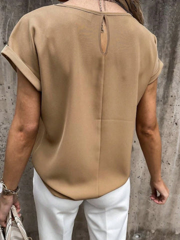 LUNE Casual Solid Color Satin Round Neck Batwing Sleeve Blouse