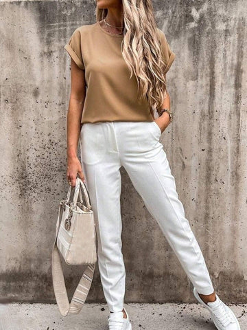 LUNE Casual Solid Color Satin Round Neck Batwing Sleeve Blouse