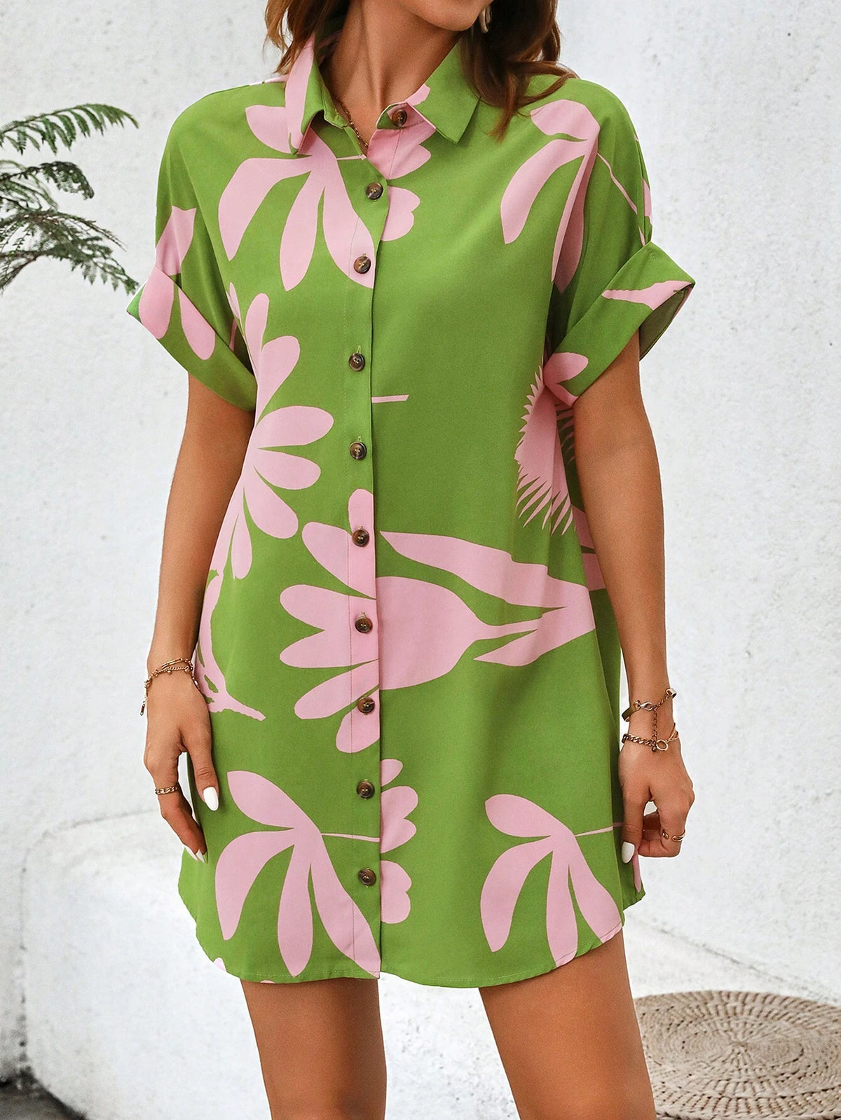 Casual Summer Floral Print Button-Front Shirt Dress