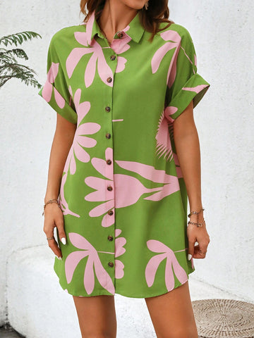 Casual Summer Floral Print Button-Front Shirt Dress