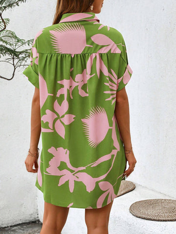 Casual Summer Floral Print Button-Front Shirt Dress