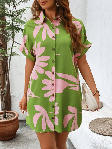 Casual Summer Floral Print Button-Front Shirt Dress