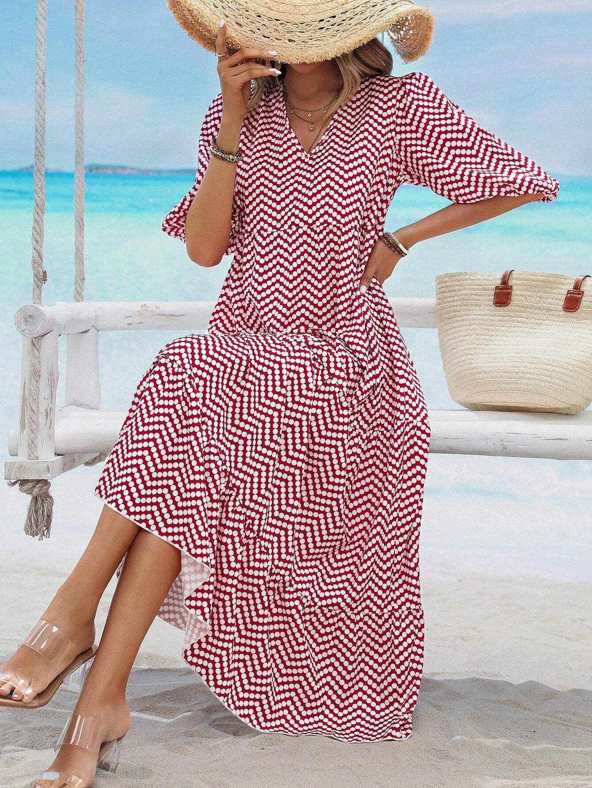 Casual Summer Polka Dot & Geometric Print White Lantern Sleeve A-Line V-Neck Multi Layer Short