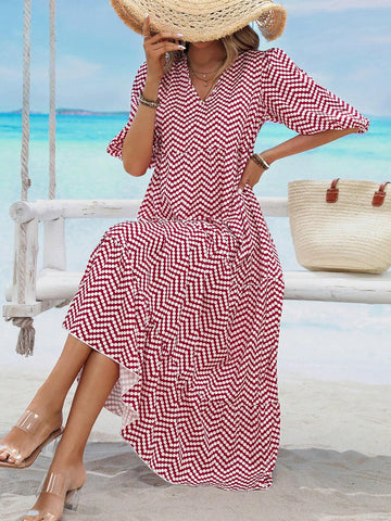 Casual Summer Polka Dot & Geometric Print White Lantern Sleeve A-Line V-Neck Multi Layer Short