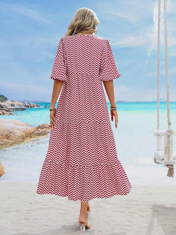 Casual Summer Polka Dot & Geometric Print White Lantern Sleeve A-Line V-Neck Multi Layer Short