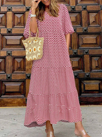 Casual Summer Polka Dot & Geometric Print White Lantern Sleeve A-Line V-Neck Multi Layer Short