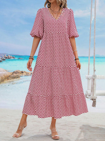 Casual Summer Polka Dot & Geometric Print White Lantern Sleeve A-Line V-Neck Multi Layer Short