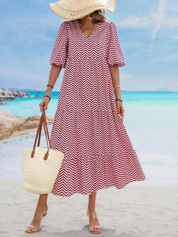 Casual Summer Polka Dot & Geometric Print White Lantern Sleeve A-Line V-Neck Multi Layer Short