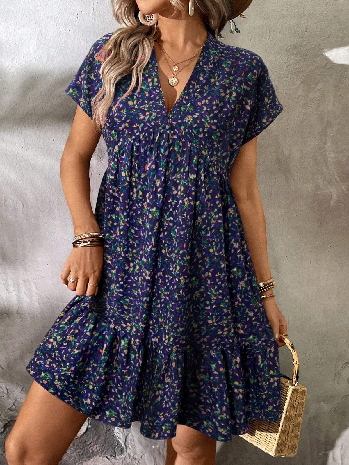 Casual Summer Short Purple Floral Printed Back To School Teacher Work Dress