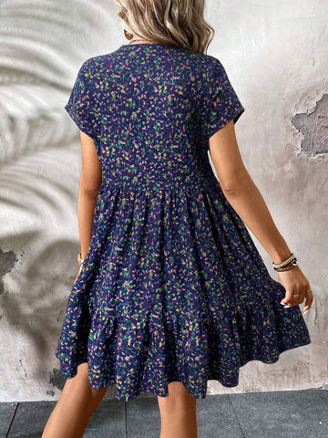 Casual Summer Short Purple Floral Printed Back To School Teacher Work Dress