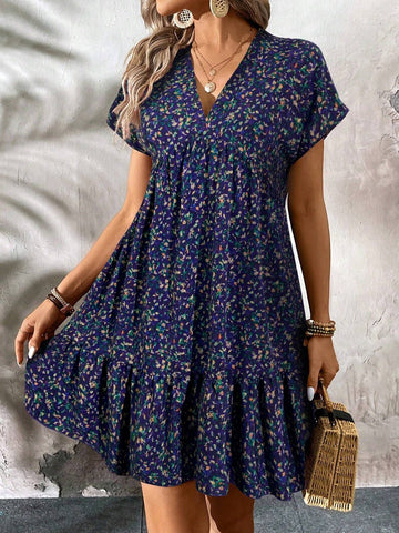 Casual Summer Short Purple Floral Printed Back To School Teacher Work Dress