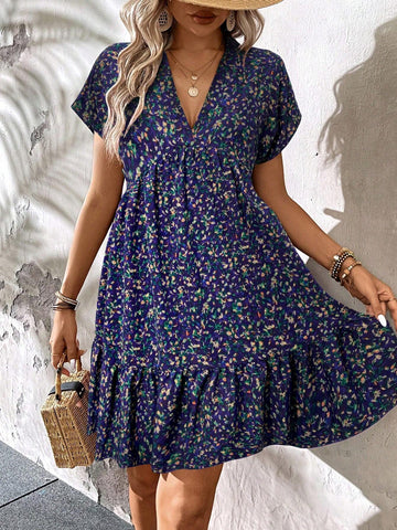 Casual Summer Short Purple Floral Printed Back To School Teacher Work Dress