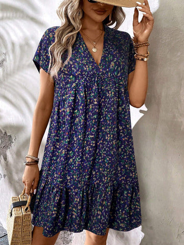 Casual Summer Short Purple Floral Printed Back To School Teacher Work Dress