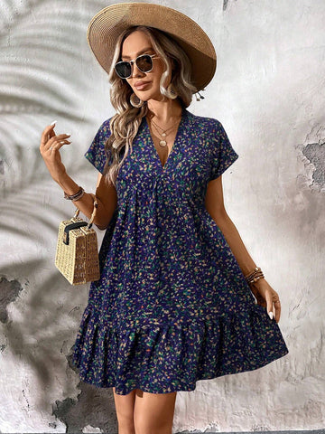 Casual Summer Short Purple Floral Printed Back To School Teacher Work Dress
