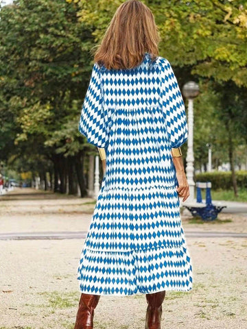 Casual V-Neck Geometric Print Dress For Holiday Outfit