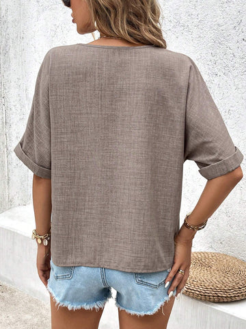 LUNE Casual V-Necked Half-Buttoned Women Blouse With Folded Hem And Linen-Like Material