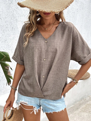 LUNE Casual V-Necked Half-Buttoned Women Blouse With Folded Hem And Linen-Like Material