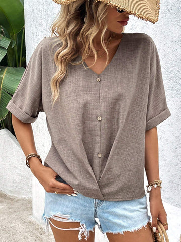 LUNE Casual V-Necked Half-Buttoned Women Blouse With Folded Hem And Linen-Like Material