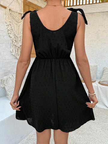 Casual Vacation Style Round Neck Dress With Floral Embroidery And Drawstring Waist